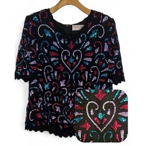 Vintage Multicolor Black Sequin Top - Size M (see measurements)